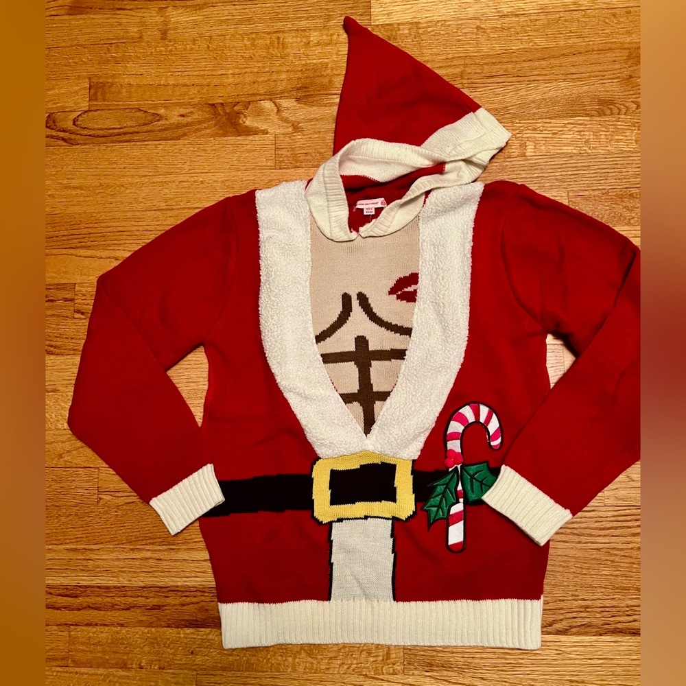 Ugly Hooded Christmas Sweater Red Santa Suit - Size Sm - No Shirt Lipstick Kiss